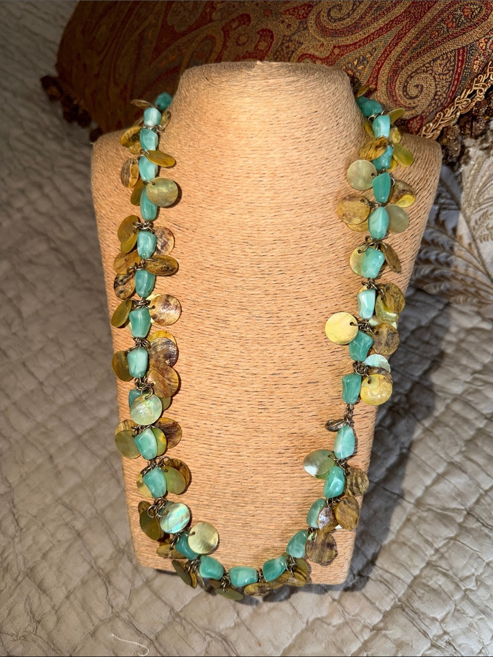 Blue Green and Olive Shell Bead Necklace
